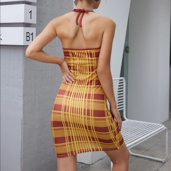 Sexy Plaid Halter Mini Dress Tie Up Strap Check Stripe Geometric Pattern Art New - Picture 3 of 6